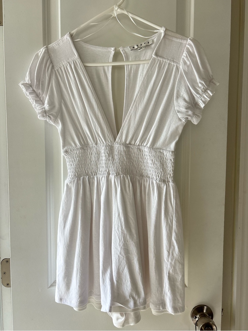 White Smocked-Waist V-Neck Romper
